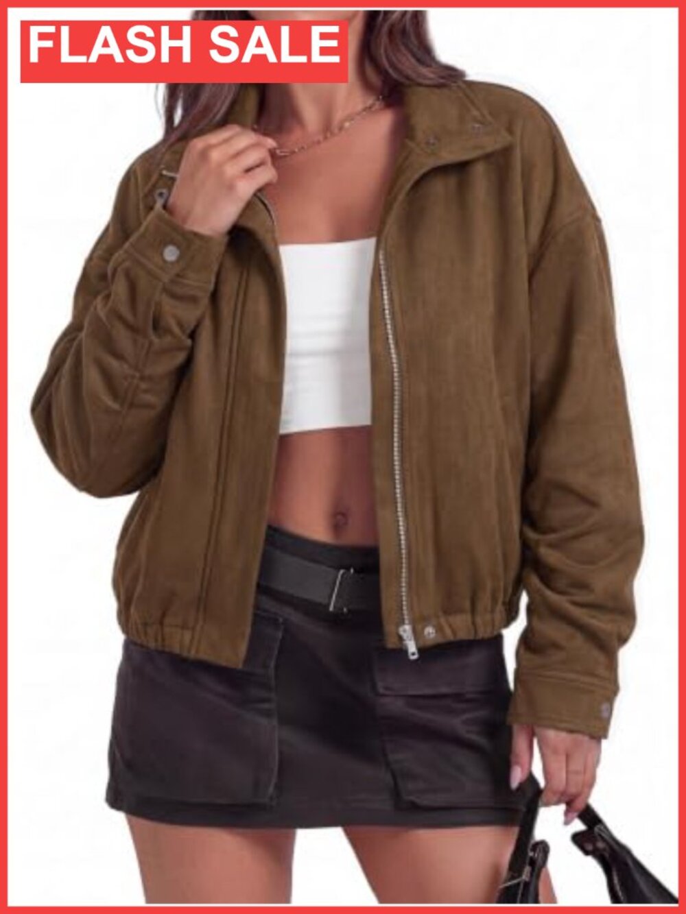 Faux Suede Bomber Jacket Women Lightweight Zip Up Cropped Coat